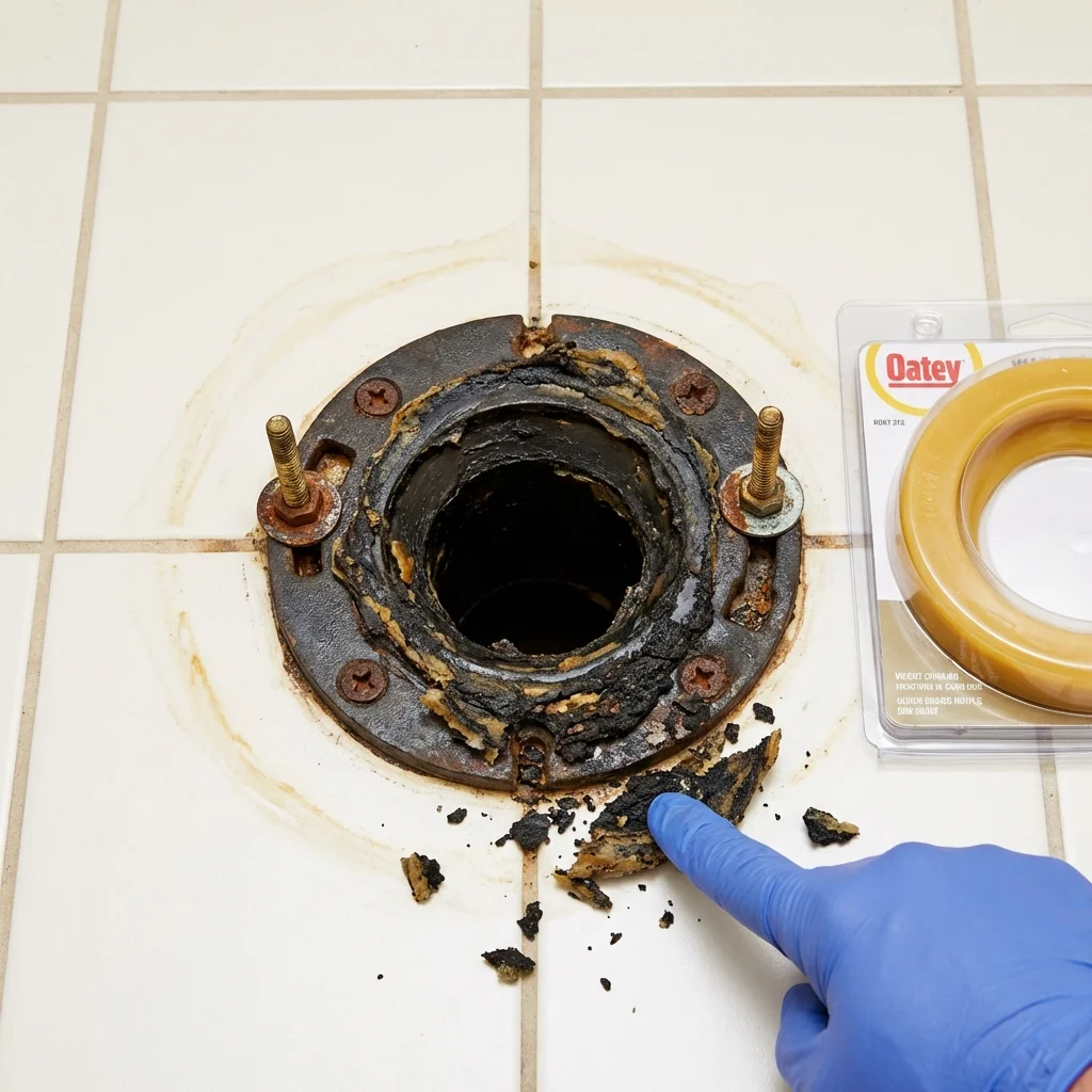 Failed wax ring showing water seepage at the base of a toilet in a Tennille, GA home