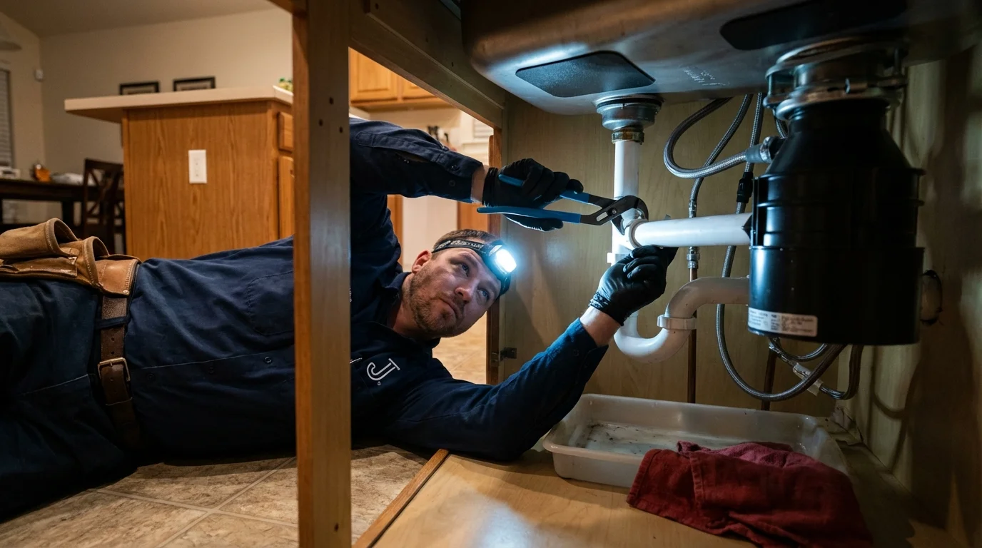 P-trap and supply line connections under a kitchen sink showing a common leak point in Tennille, GA